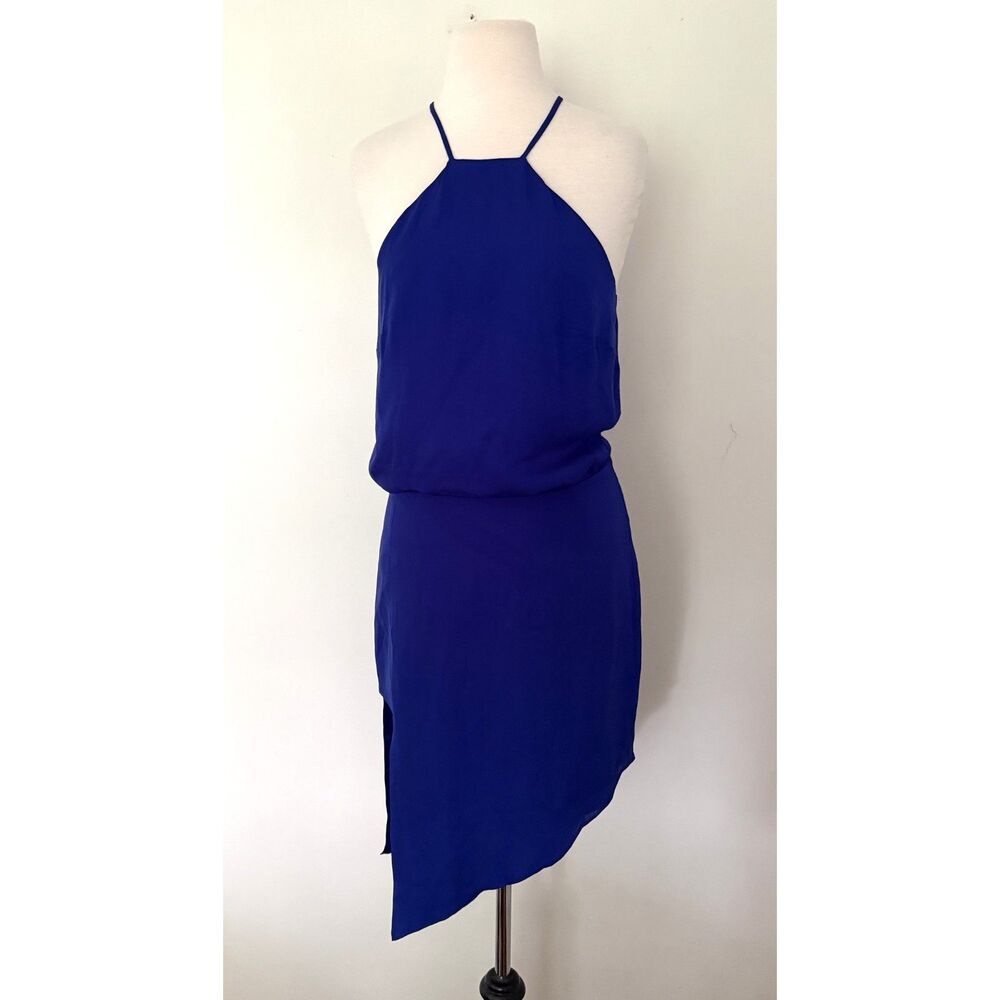 Mason Cobalt Blue Asymmetrical Side Cutout Sheer Illusion Back Mini Dress
